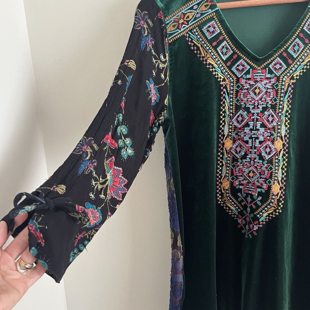 Caleesa Velvet Embroidered Tunic Top Sz S Forest Green Fairy Grunge Renaissance - Picture 9 of 11